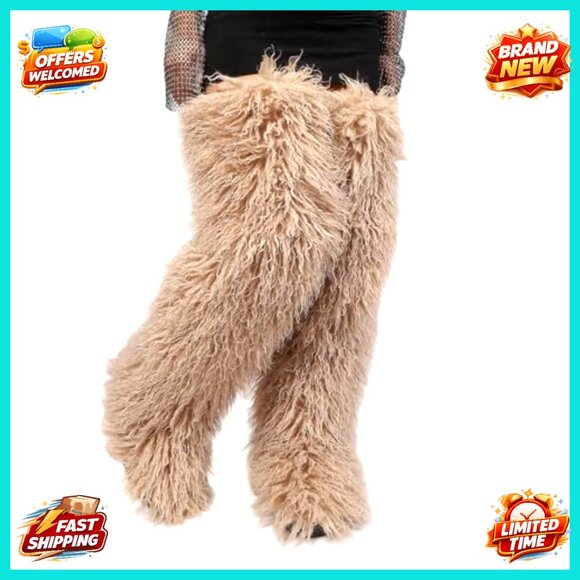 Thigh High Faux Fur Boots Over Knee Winter Snow Flat Sole Women's